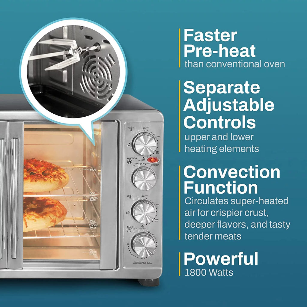French Door Convection Oven, 47.5Qt, 18-Slice, Bake Broil Rotisserie P5412