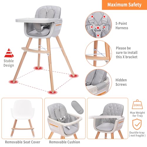 Convertible Wooden High Chair with Adjustable Legs and Dishwasher Safe Tray Q353