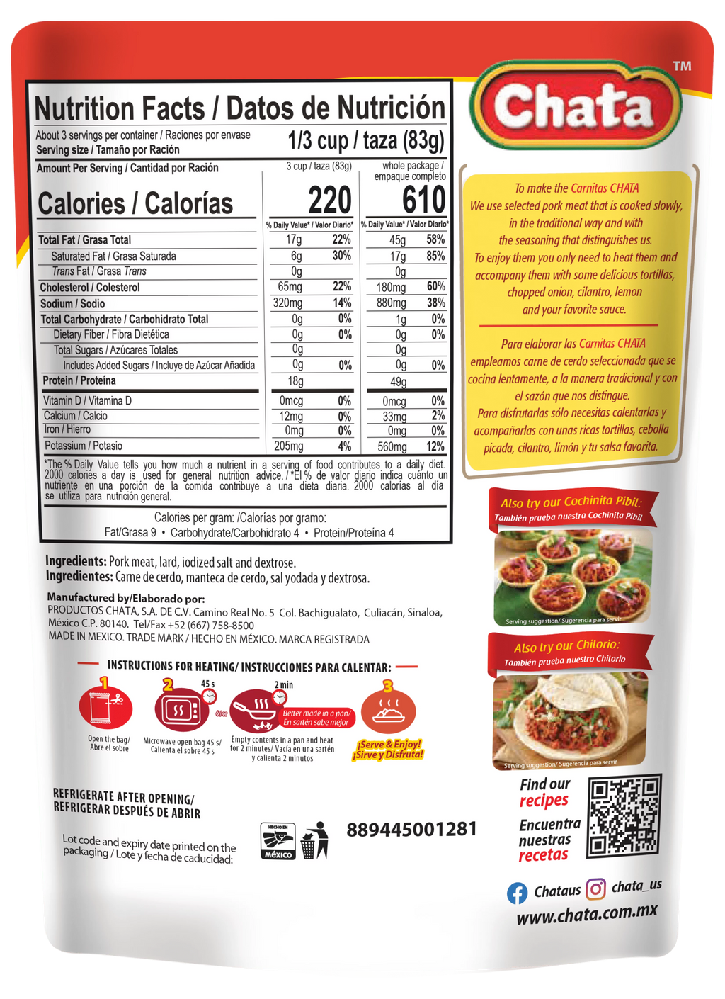 Pork Carnitas Pouch, 8 oz, Pack of 6 N78212
