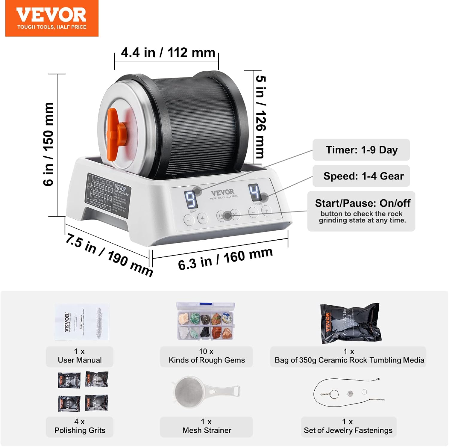Rock Tumbler Kit, 4-Speed with Timer, Stone Polishing Set P59070