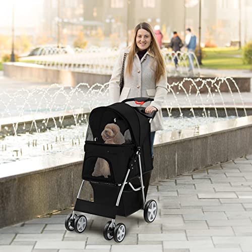 4 Wheels Pet Stroller, Folding Cat Dog Stroller with Storage Basket, Adjustable Canopy, All-Terrain EVA Wheels K1921