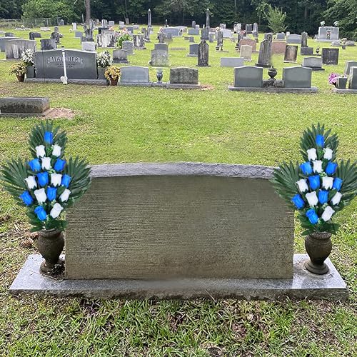 2 Sets Artificial Cemetery Flowers with 2 Long Nail Vases, Outdoor Grave Decorations Q357288