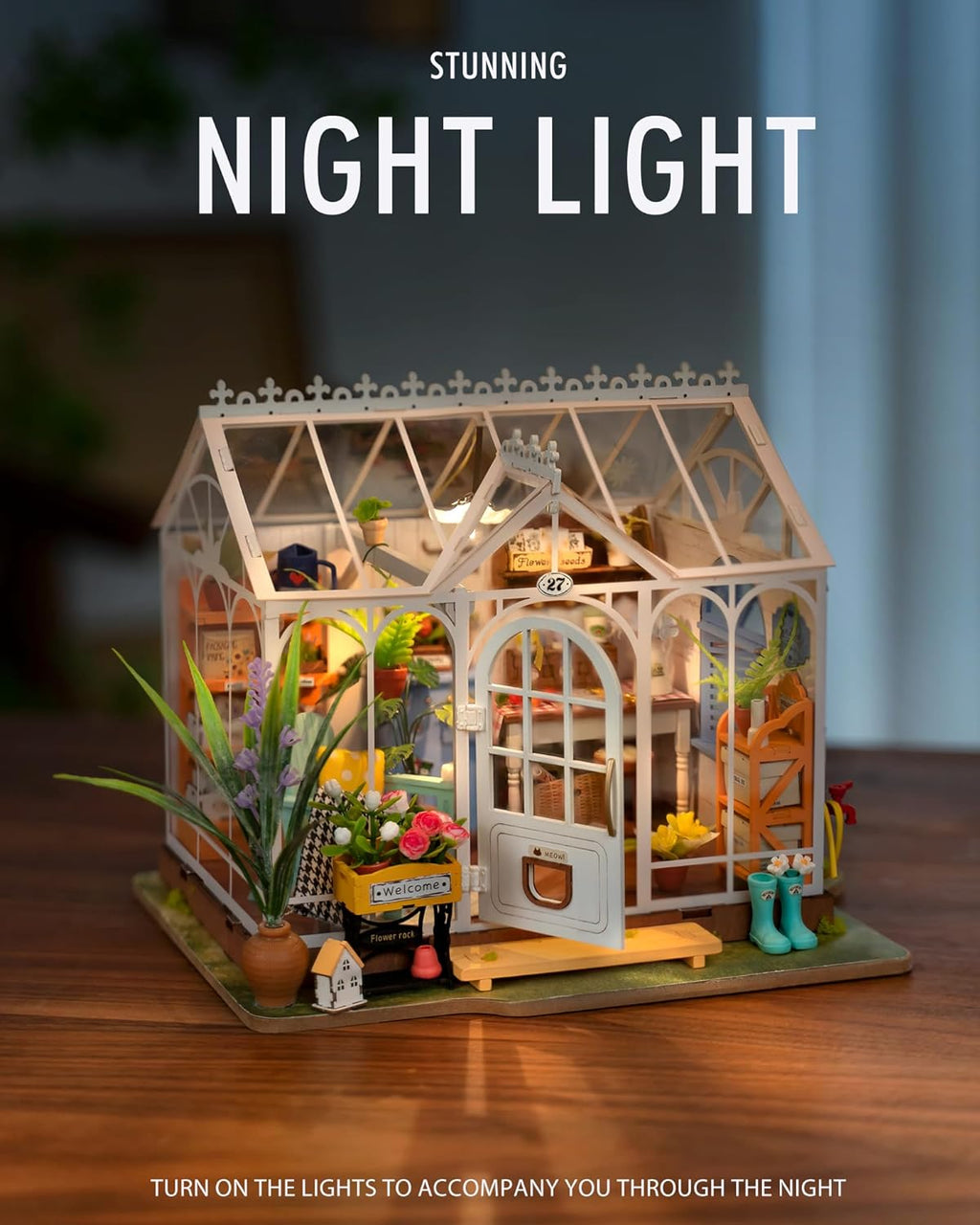 DIY Miniature Dollhouse Kit, Greenhouse Diorama Building Set with LED, Hobby Craft for Adults and Teens D33768