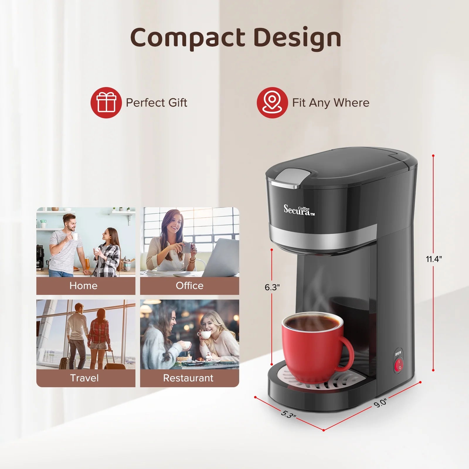 Single Serve Coffee Maker with Ground Coffee Basket, 12 Oz Brew Size N685237