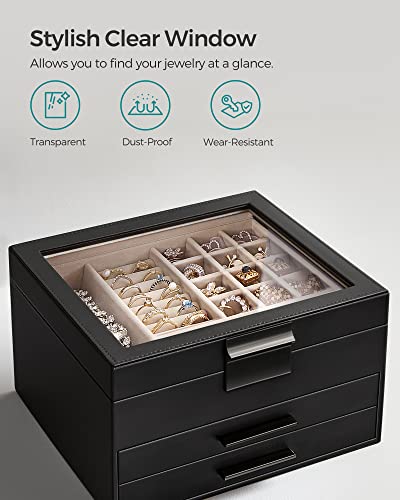 Jewelry Box with Glass Lid, 4-Layer Organizer, 3 Drawers Q1936