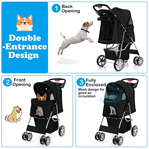 4 Wheels Pet Stroller, Folding Cat Dog Stroller with Storage Basket, Adjustable Canopy, All-Terrain EVA Wheels K1921