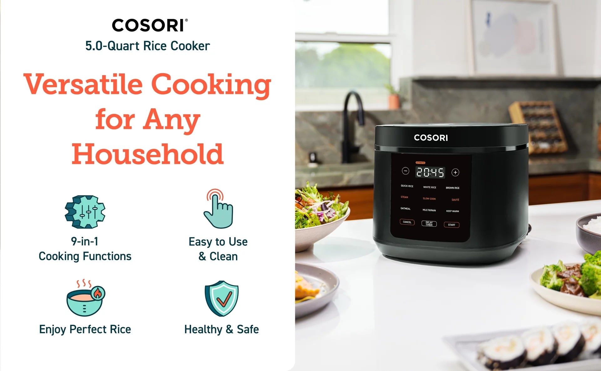5.0-Quart Rice Cooker with 9 Cooking Functions and Touch Control H932