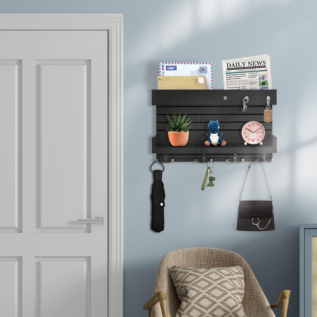 Wall Mounted Wooden Key Holder with 4 Hooks and Mail Organizer Shelf X16295