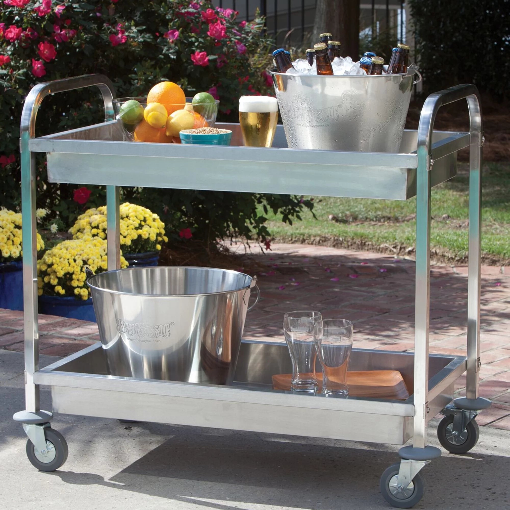 Stainless Steel Serving Cart with Two Trays and Locking Casters I1507