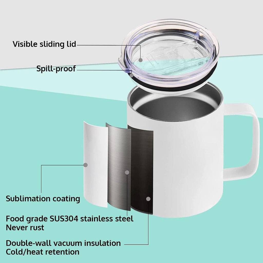 12 Oz Sublimation Blank Mug Set, Stainless Steel Double Wall Insulated Cups with Handles and Lids, 4 Pack D9084