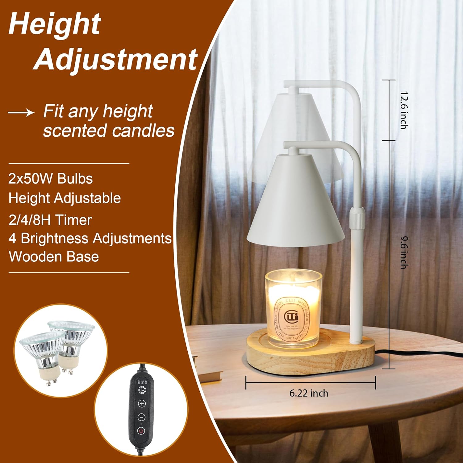 Candle Warmer Lamp with Timer, Adjustable Height, Dimmable, 2 Bulbs I998386