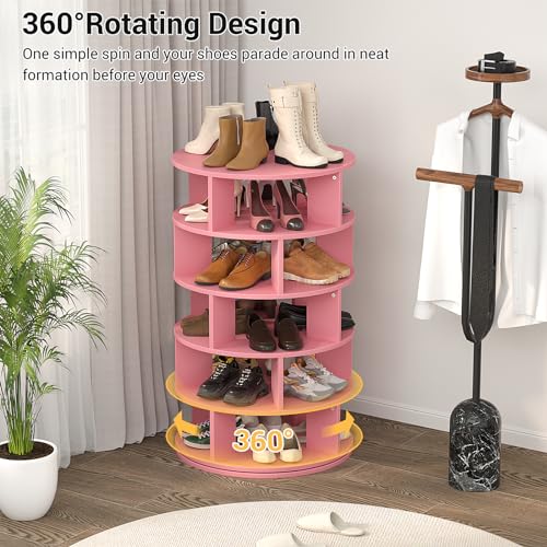 5-Tier Rotating Wood Shoe Rack for Closet, 360° Spinning Storage Tower I24839