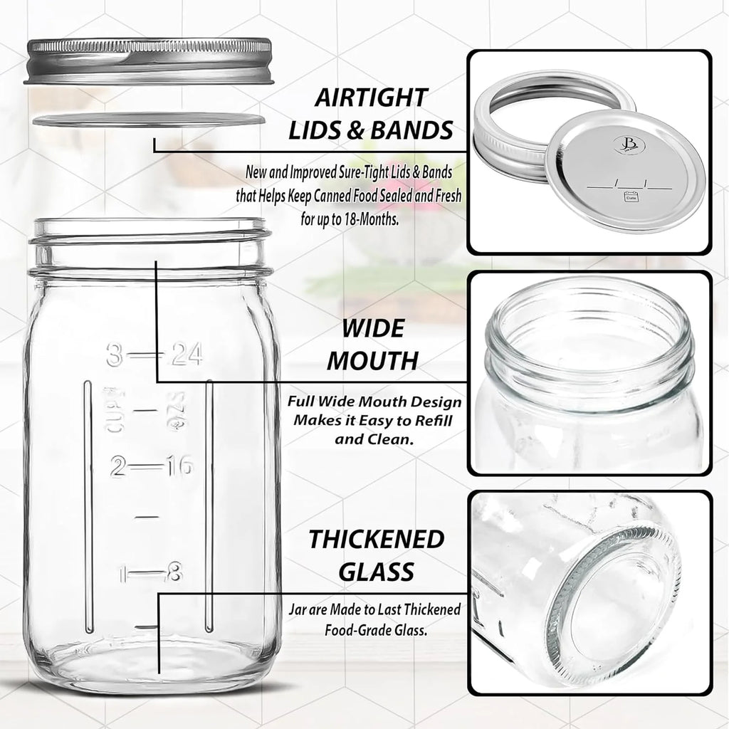 Wide Mouth Mason Jars 32 oz 6 Pack Clear Glass with Airtight Lids P84631