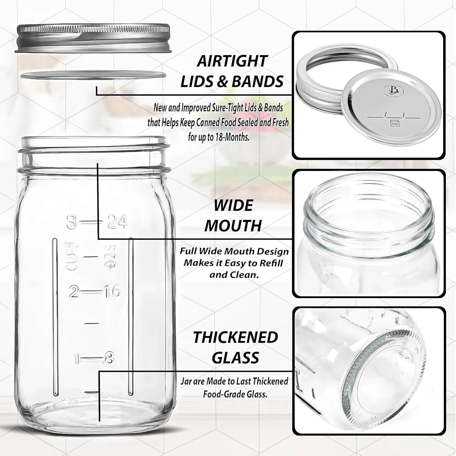 Wide Mouth Mason Jars 32 oz 6 Pack Clear Glass with Airtight Lids P84631