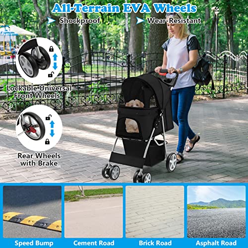 4 Wheels Pet Stroller, Folding Cat Dog Stroller with Storage Basket, Adjustable Canopy, All-Terrain EVA Wheels K1921