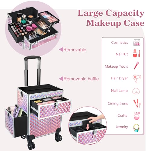 Rolling Makeup Train Case with Swivel Wheels, Large Storage Travel Cart O998