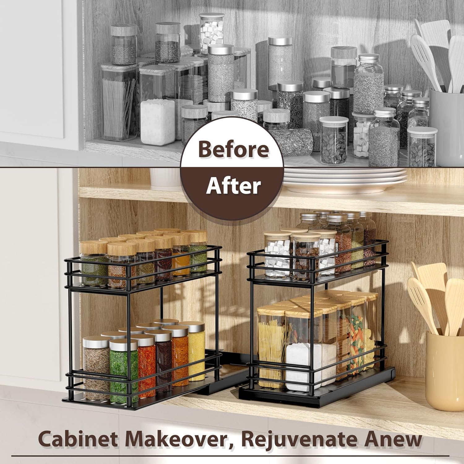 Spice Rack Organizer 2-Pack, 2-Tier Pull Out for Kitchen Cabinet T2006