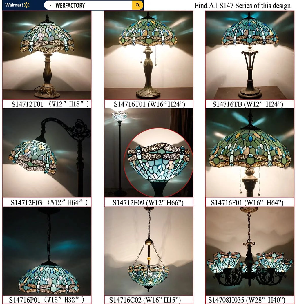 Stained Glass Table Lamp with Metal Base, 24" Tall, Sea Blue Dragonfly Style U808