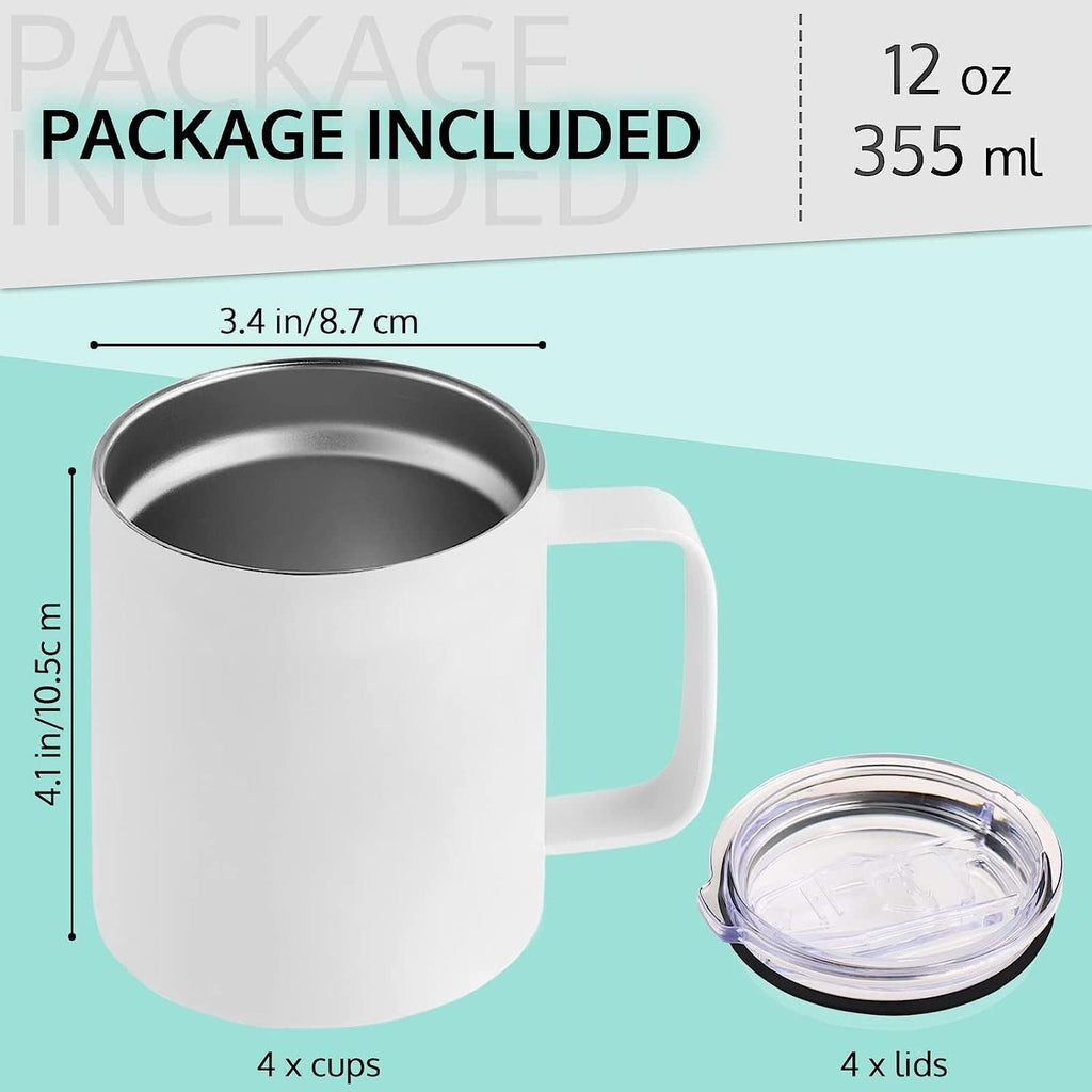 12 Oz Sublimation Blank Mug Set, Stainless Steel Double Wall Insulated Cups with Handles and Lids, 4 Pack D9084