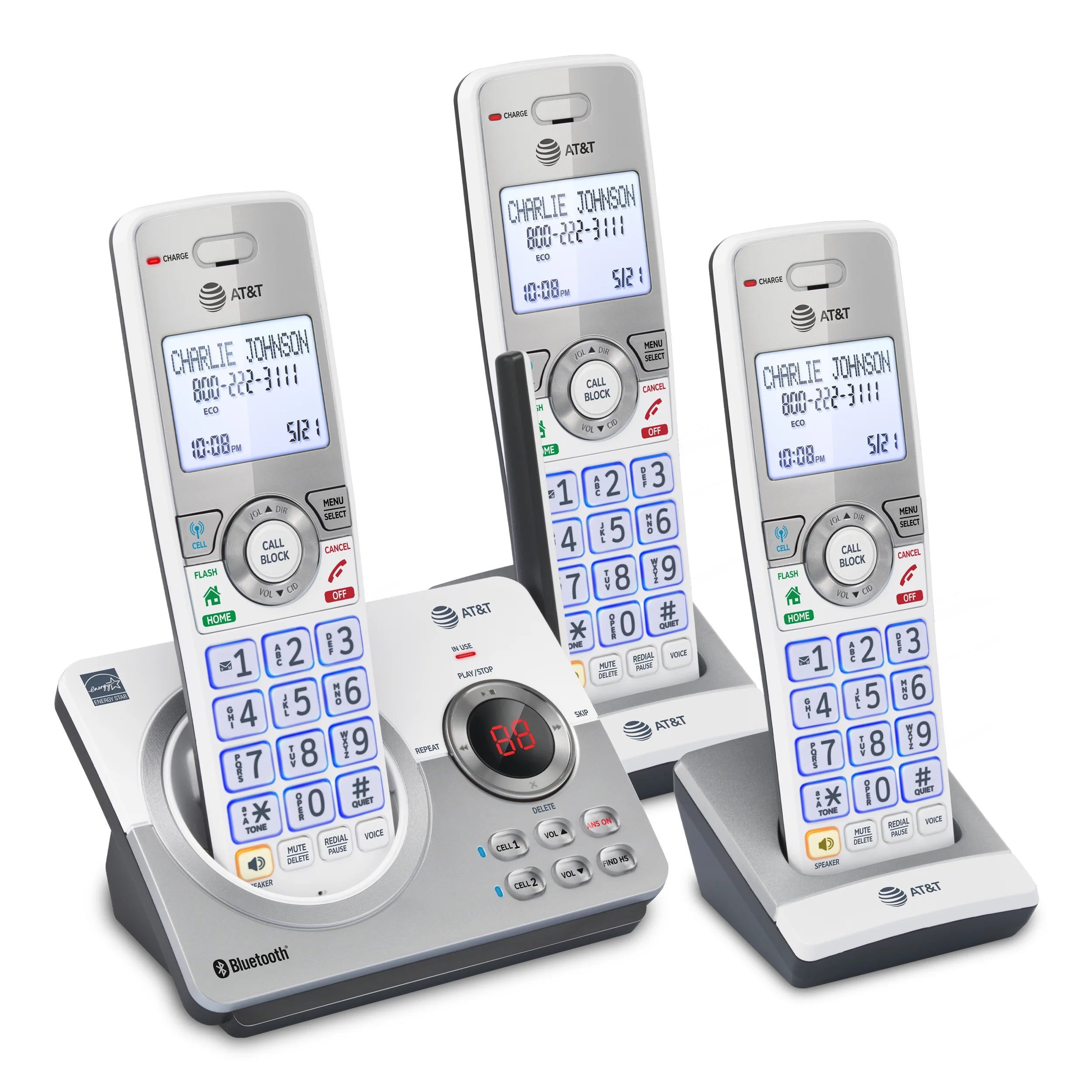 Cordless Phone with Bluetooth and Answering System, 3 Handsets (White/Silver) N857520