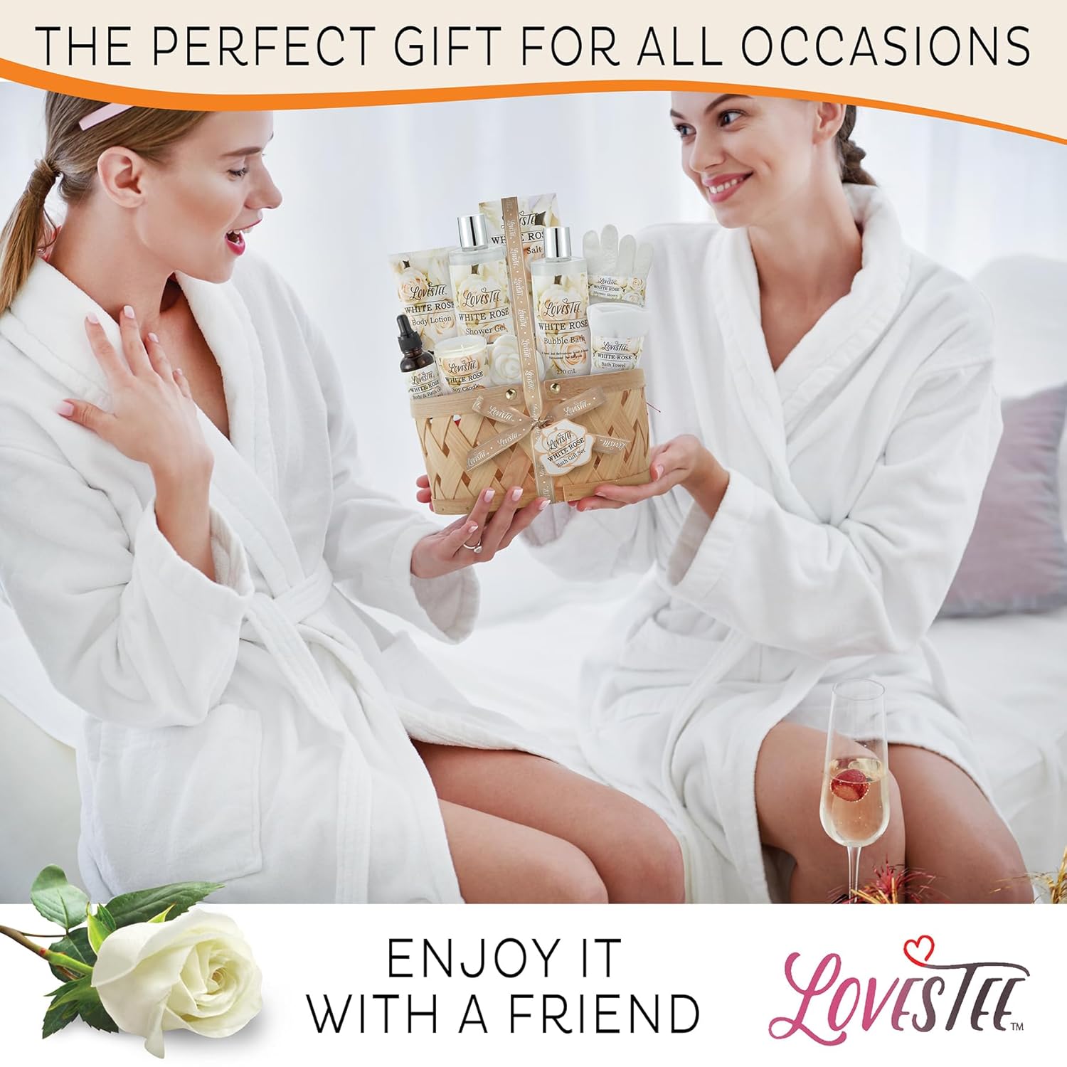 Spa Gift Basket for Women, White Rose Body Lotion, Shower Gel, Bath Salt, Candle B430