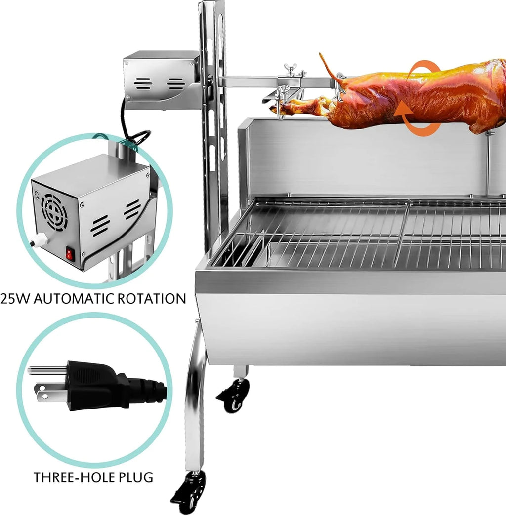 Stainless Steel Rotisserie Grill with Back Cover Guard, 25W Motor, 37" Charcoal BBQ C3467