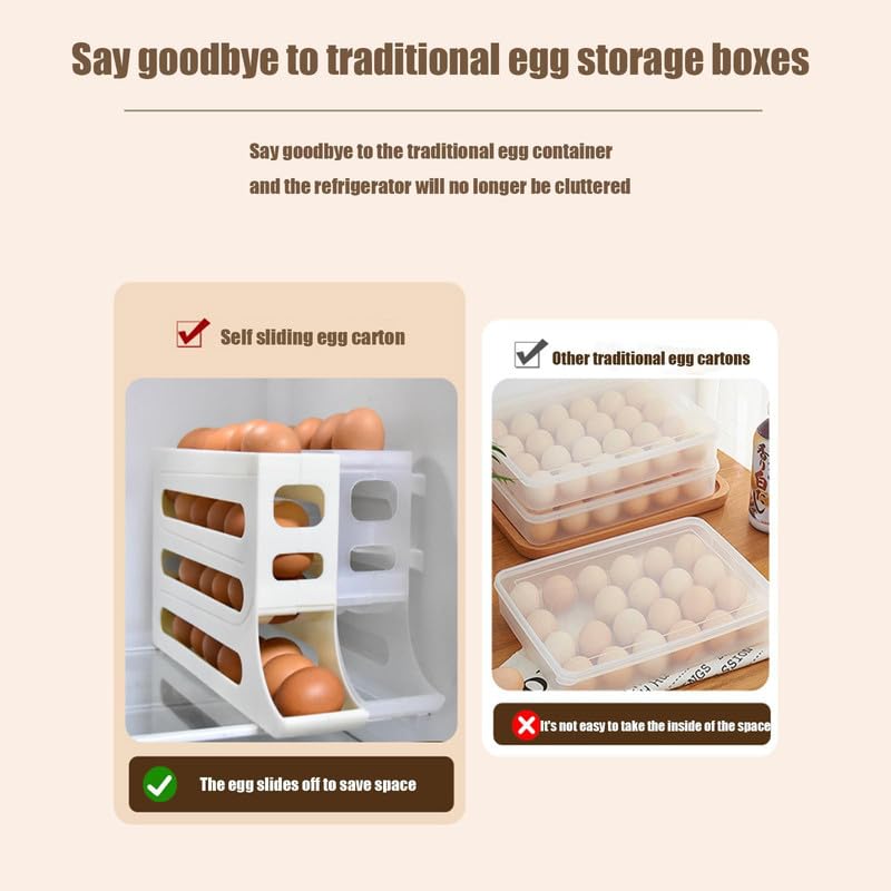 Egg Holder for Fridge, 30 Egg Container with Auto Rolling Tray E303