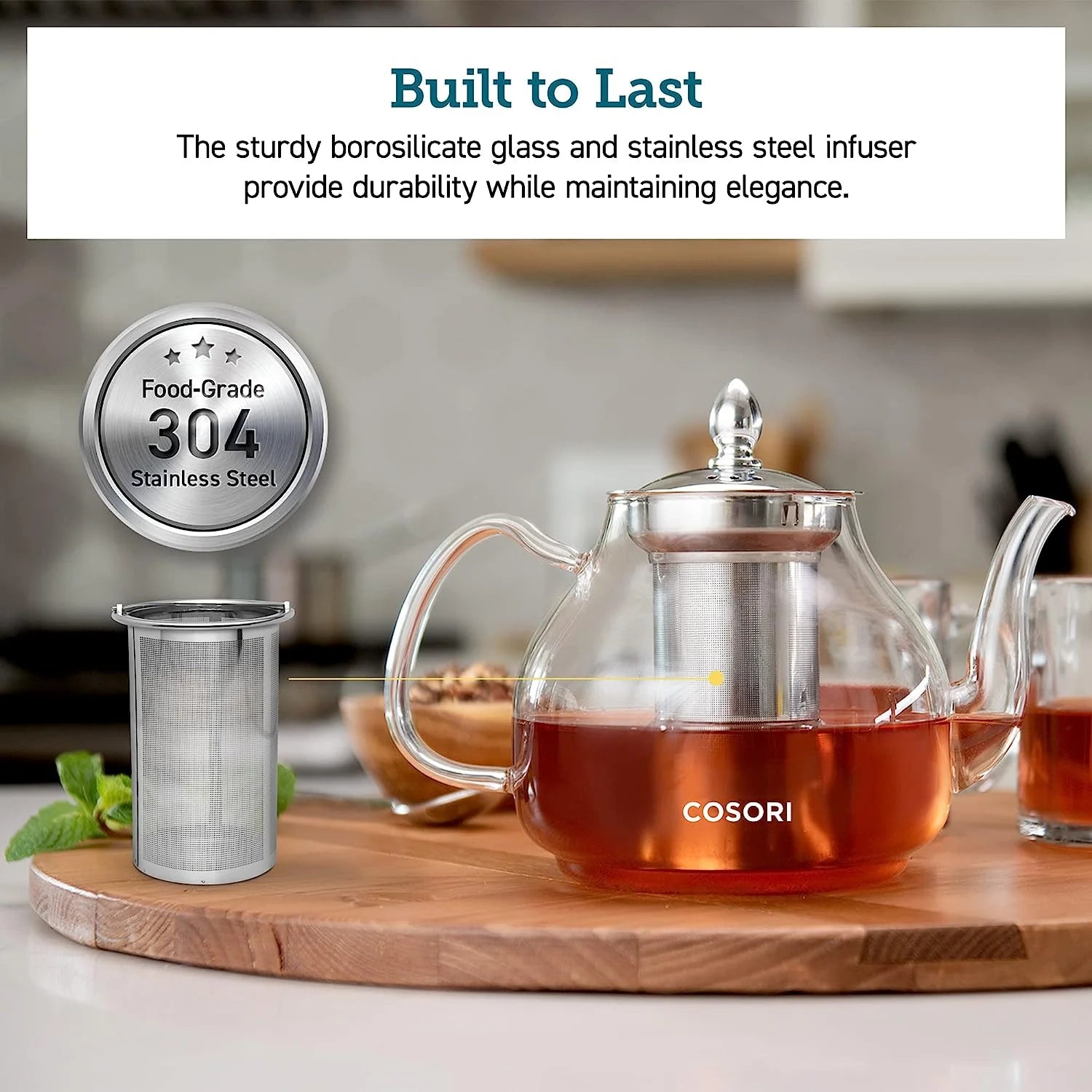 Glass Teapot Stovetop Safe Gooseneck Kettle with Removable Infuser, 1000 ml D59268