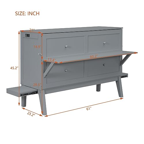 Modern Full Size Murphy Bed with Cabinet and Drawers, Solid Wood, Folds into Wardrobe X925473