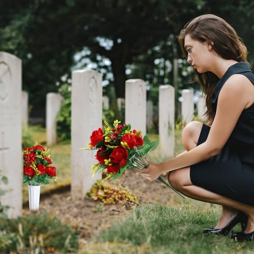 Artificial Cemetery Flowers for Grave Memorial Day Rose Bouquet with Vase F3235
