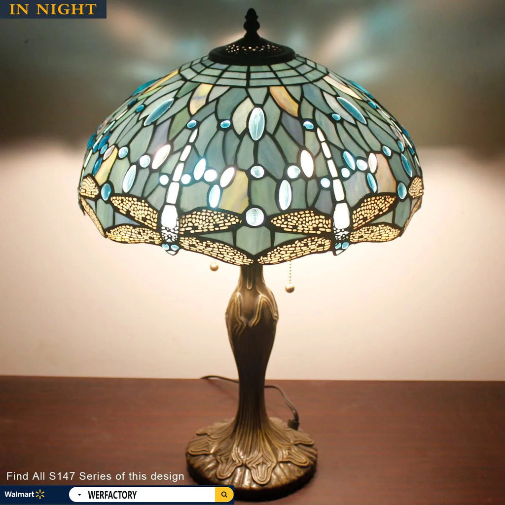 Stained Glass Table Lamp with Metal Base, 24" Tall, Sea Blue Dragonfly Style U808
