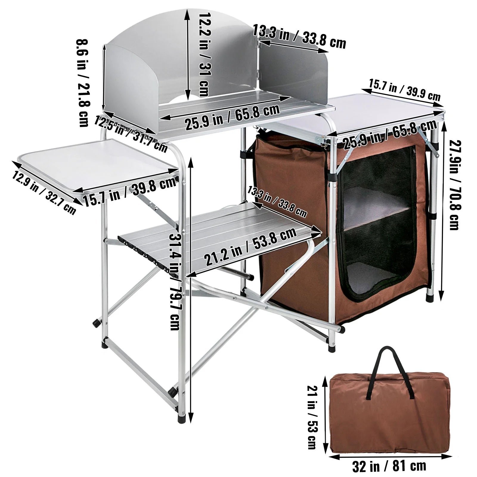 Portable Folding Camp Cook Table with Windshield and Storage Organizer W100369