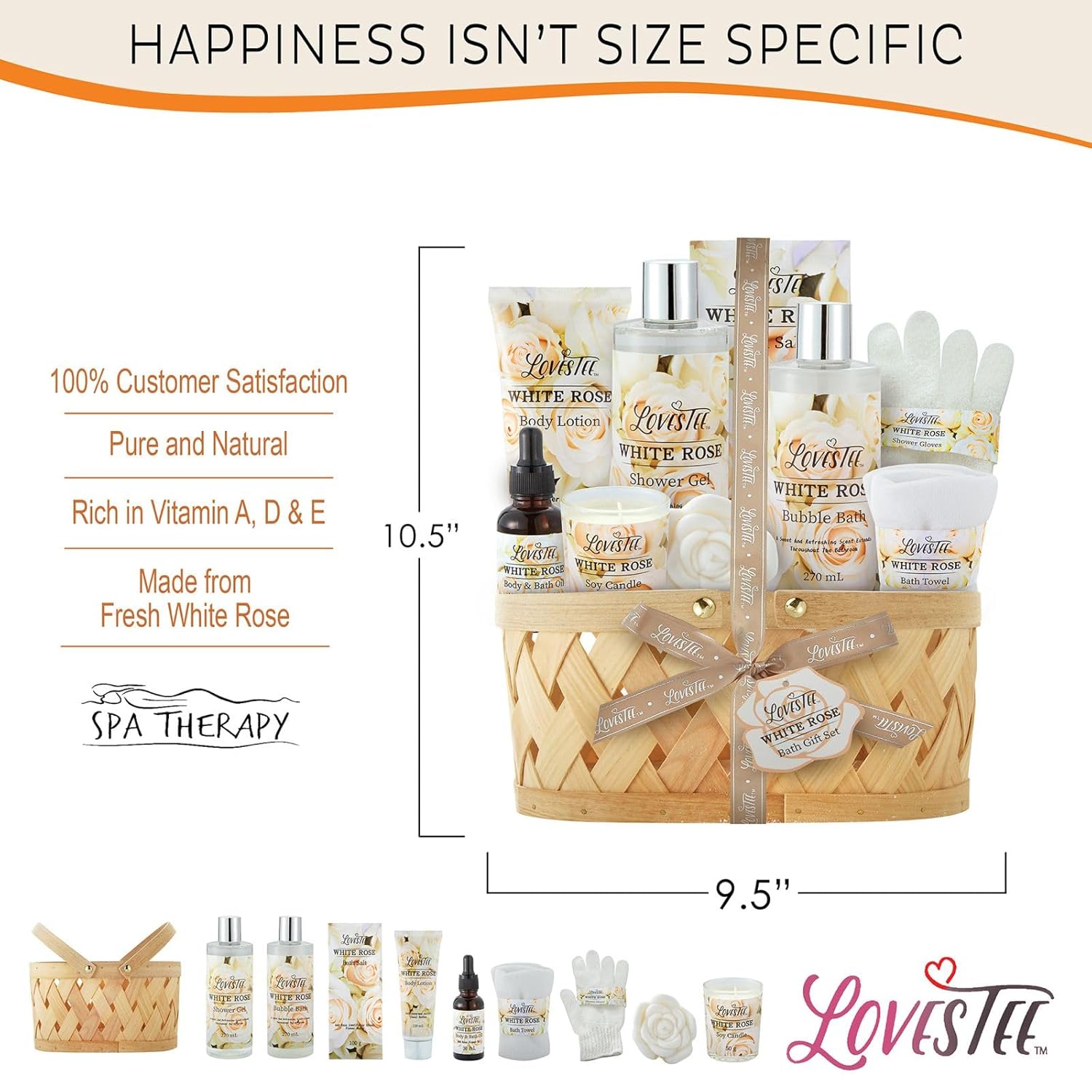 Spa Gift Basket for Women, White Rose Body Lotion, Shower Gel, Bath Salt, Candle B430