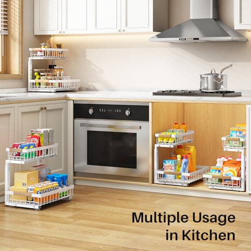 Under Sink Organizer 2 Pack, 2 Tier Metal Slide Out Shelf for Kitchen Bathroom R795