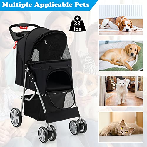 4 Wheels Pet Stroller, Folding Cat Dog Stroller with Storage Basket, Adjustable Canopy, All-Terrain EVA Wheels K1921