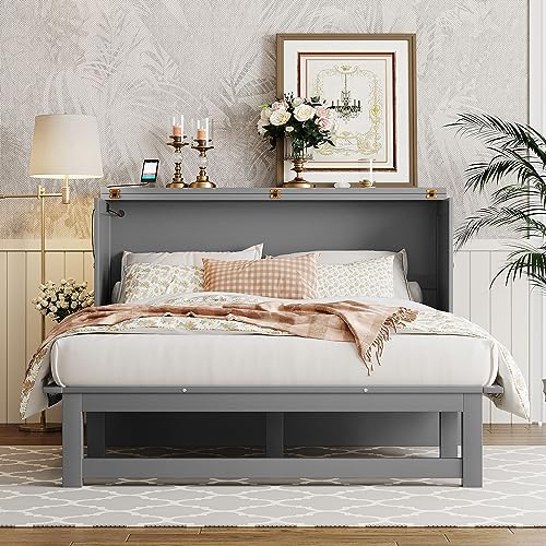 Modern Full Size Murphy Bed with Cabinet and Drawers, Solid Wood, Folds into Wardrobe X925473