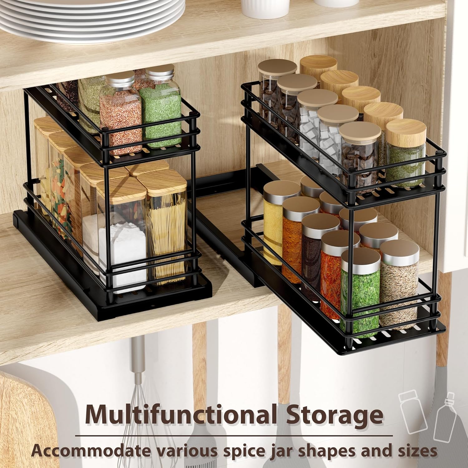 Spice Rack Organizer 2-Pack, 2-Tier Pull Out for Kitchen Cabinet T2006