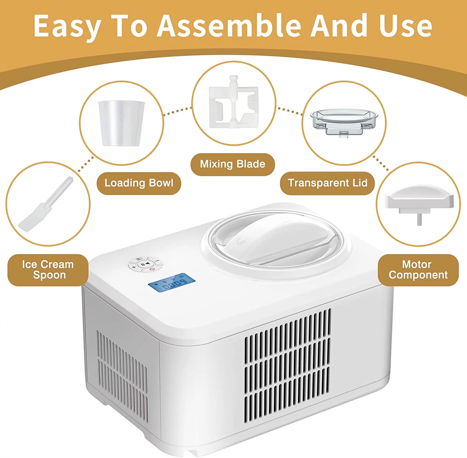 1.5qt Ice Cream Maker with Compressor, Automatic Ice Cream Machine W677