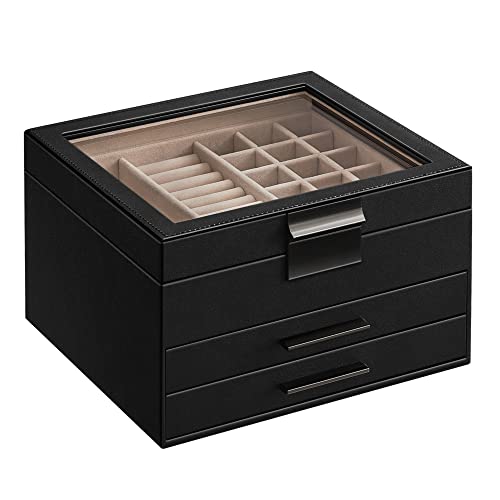 SONGMICS Jewelry Box with Glass Lid, 4-Layer Jewelry Organizer, 3 Drawers, for Big and Small Jewelry, Jewelry Storage, Modern Style, 8 x 9.1 x 6.5 Inches, Dove Gray and Gold Color UJBC173G01