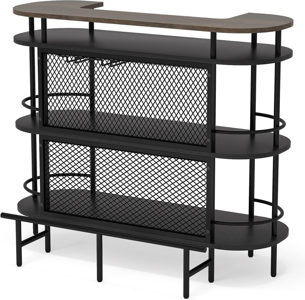 Bar Cabinet with Storage Shelves, Wine Glasses Holder, Black and Walnut P4787