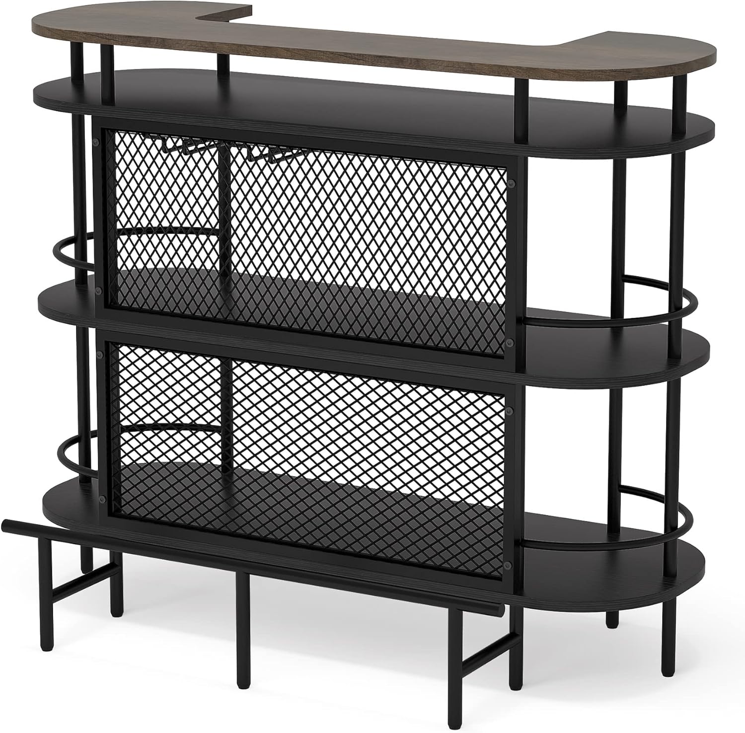 Bar Cabinet with Storage Shelves, Wine Glasses Holder, Black and Walnut P4787