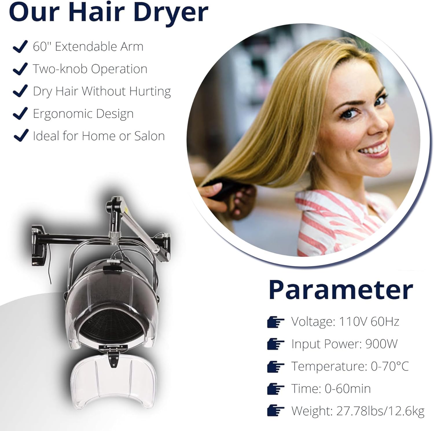 Retractable 900W Wall Mounted Hair Hood Dryer with Swivel Arm and Timer W7850