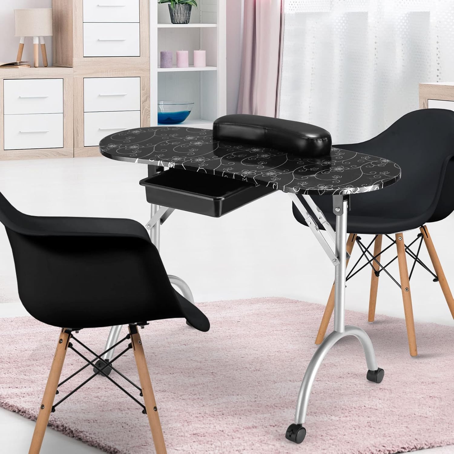 Portable Manicure Table with Drawer, Wrist Rest, Lockable Casters, Carrying Bag L659491