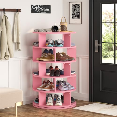 5-Tier Rotating Wood Shoe Rack for Closet, 360° Spinning Storage Tower I24839