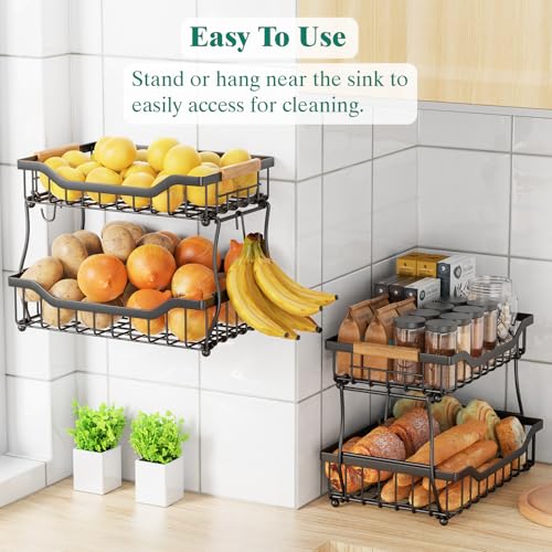 3 Tier Countertop Fruit Basket with Banana Hangers, Black C7474