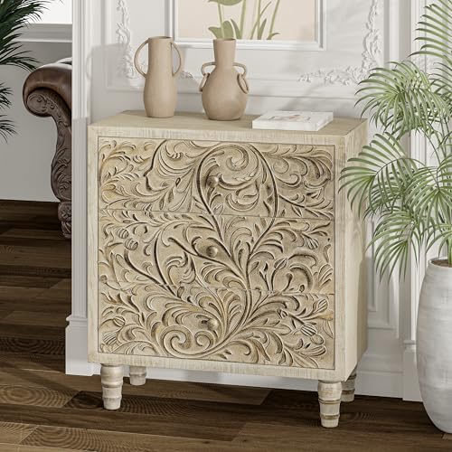 3 Drawer Farmhouse Dresser with Embossed Flower Motif, Vintage Nightstand for Bedroom R1559