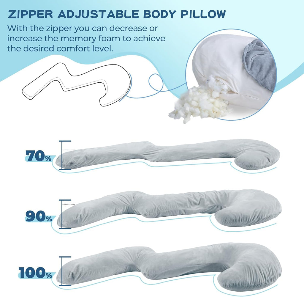 Swan Body Pillow for Adults, Adjustable Shredded Memory Foam, Side Sleeper with Cover L135