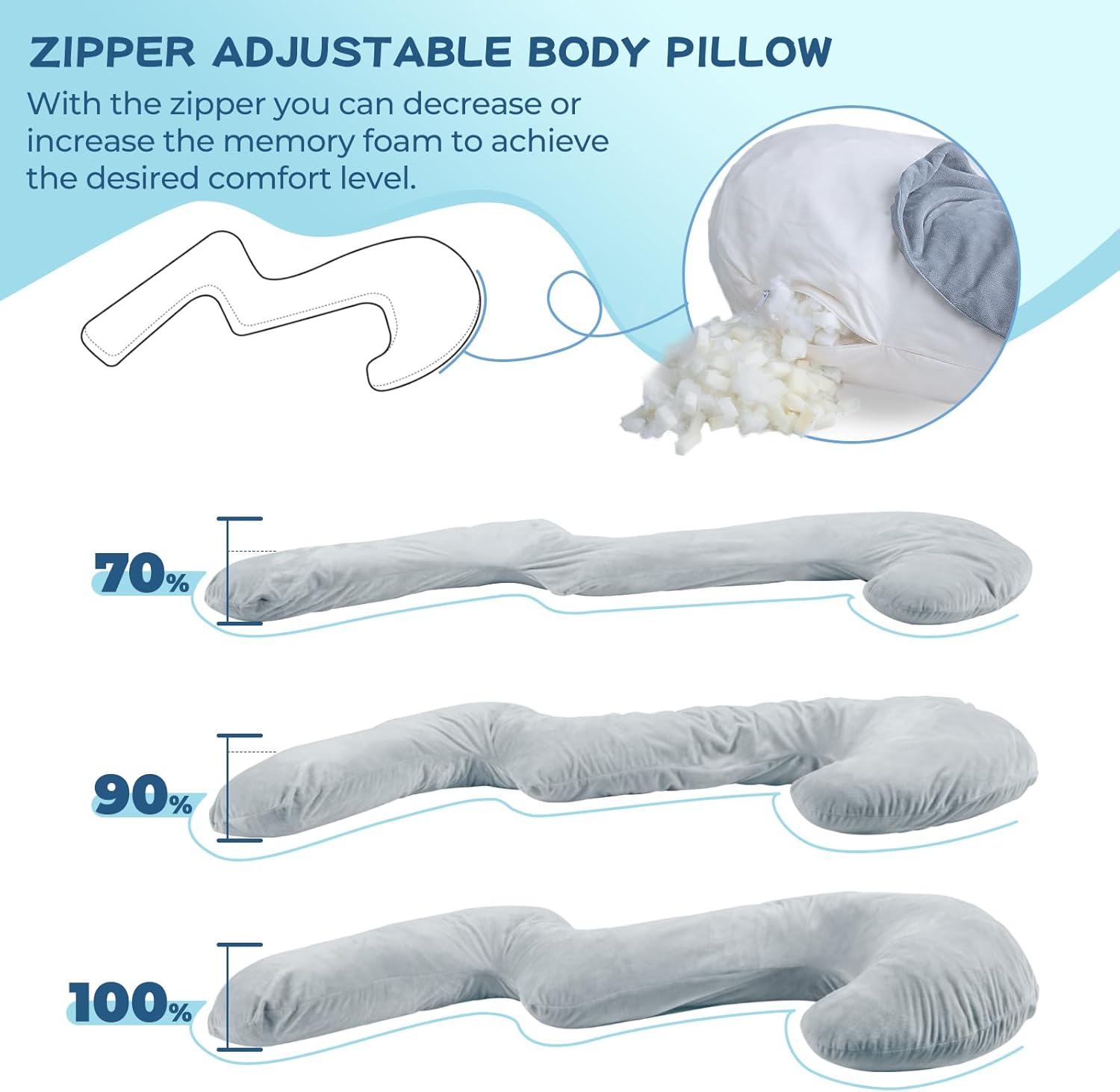 Swan Body Pillow for Adults, Adjustable Shredded Memory Foam, Side Sleeper with Cover L135