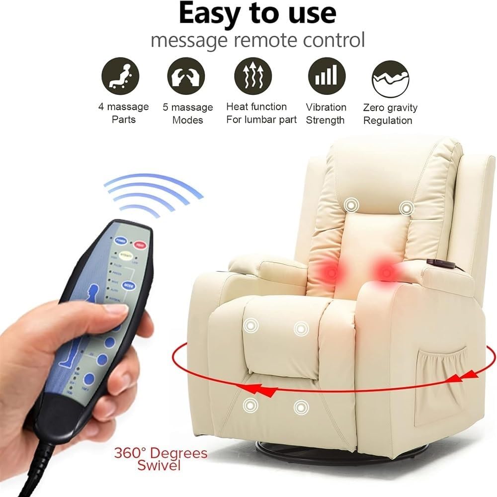 Massage Recliner Chair with Heated PU Leather, 360 Degree Swivel, Cream H9993