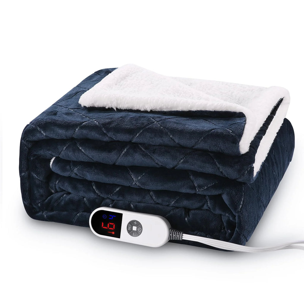 Electric Heated Throw Blanket with 6 Heating Levels, 4 Timers, Dark Blue Flannel & Sherpa 50"x60" S57859